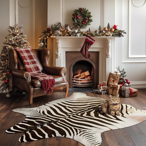 jinchan Zebra Print Area Rug Faux Skin Cowhide Animal Design Mat Faux Suede Indoor Floorcover for Bedroom Living Room 4x5 Safari Design - Image 3