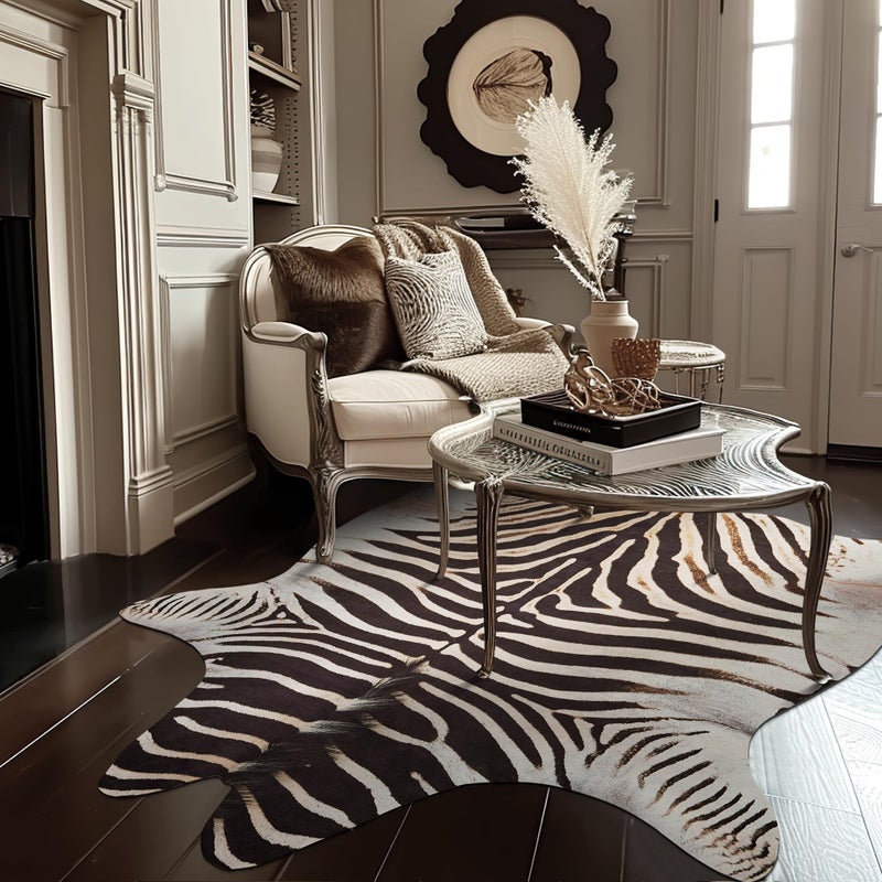jinchan Zebra Print Area Rug Faux Skin Cowhide Animal Design Mat Faux Suede Indoor Floorcover for Bedroom Living Room 4x5 Safari Design - Image 2