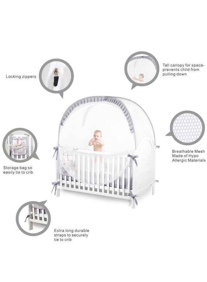 ZXPLO Baby Safety Crib Tent Infant Pop up Mosquito Net Nursery Bed Canopy Netting Cover  Keep Baby from Climbing Out with Hanging Diaper Storage Bag Gray - Image 2
