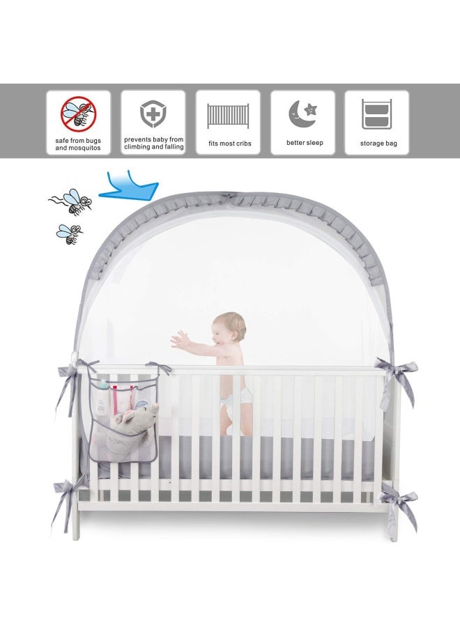 ZXPLO Baby Safety Crib Tent Infant Pop up Mosquito Net Nursery Bed Canopy Netting Cover  Keep Baby from Climbing Out with Hanging Diaper Storage Bag Gray - Image 4