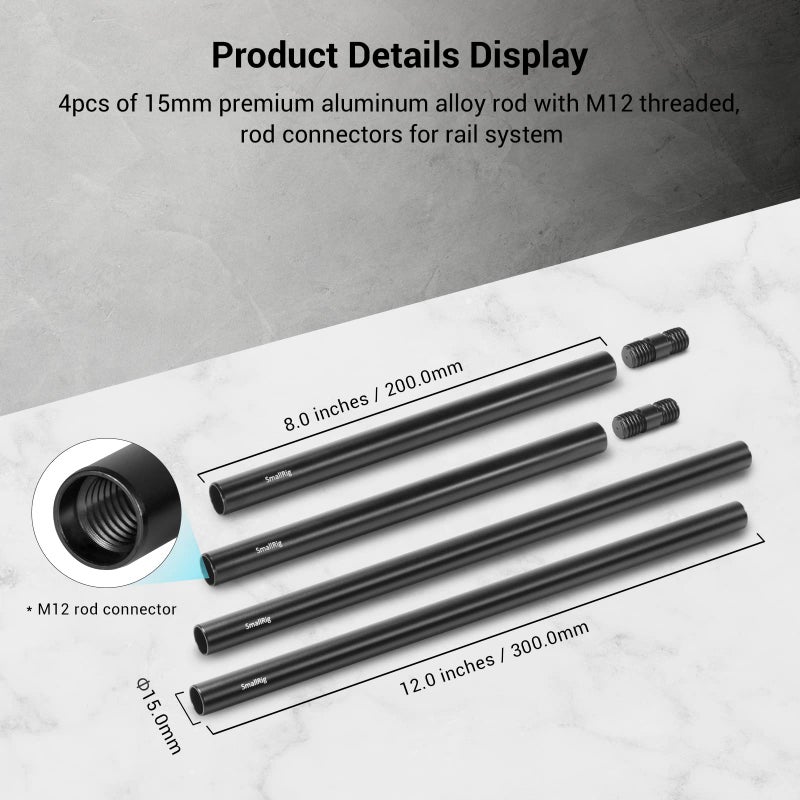 SmallRig 15mm Rods Pack, 15mm Tube with M12 Thread Rod Cap Connectors, Aluminum Alloy Rods Combination for Camera Rig Matte Box Follow Focus 15mm Rod System - 1659 - Image 2