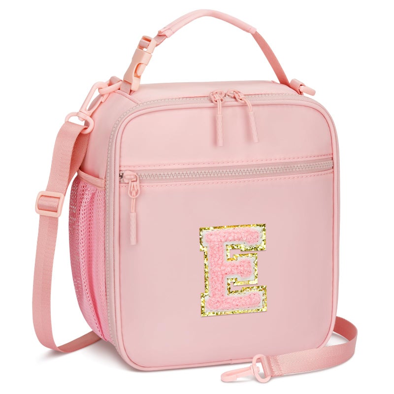 CLOUDWINGS Initial Insulated Lunch Bag for Girls Kids, Back to School Gift, Reusable Leak-proof Lunch Box with Adjustable Strap for School Daycare Travel Picnic (Pink,E) - Image 1