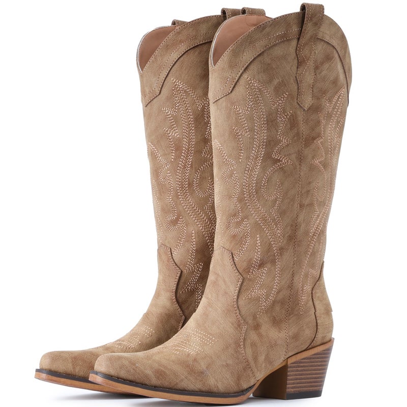 IUV Cowboy Boots For Women Western Cowgirl Boots with Chunky Heel Mid Calf Snip Toe Ideal for low insteps - Image 1