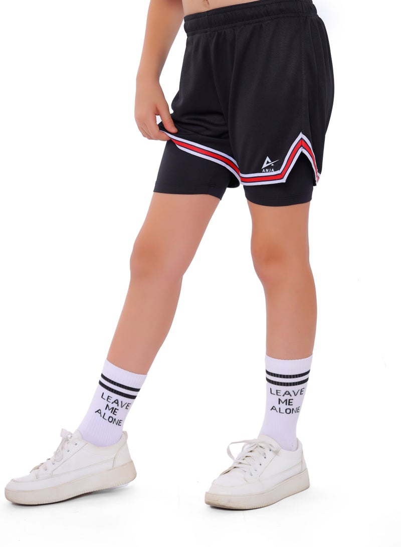 ANJA Boys' Black and Red Double-Layer Basketball Shorts – Breathable Fabric - Image 4