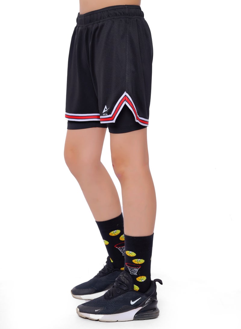 ANJA Boys' Black and Red Double-Layer Basketball Shorts – Breathable Fabric - Image 3