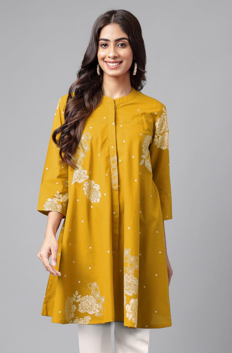 Janasya Women's Mustard Pure Cotton Floral Printed Flared Tunic (JAC24TU01654-2XL) - Image 2