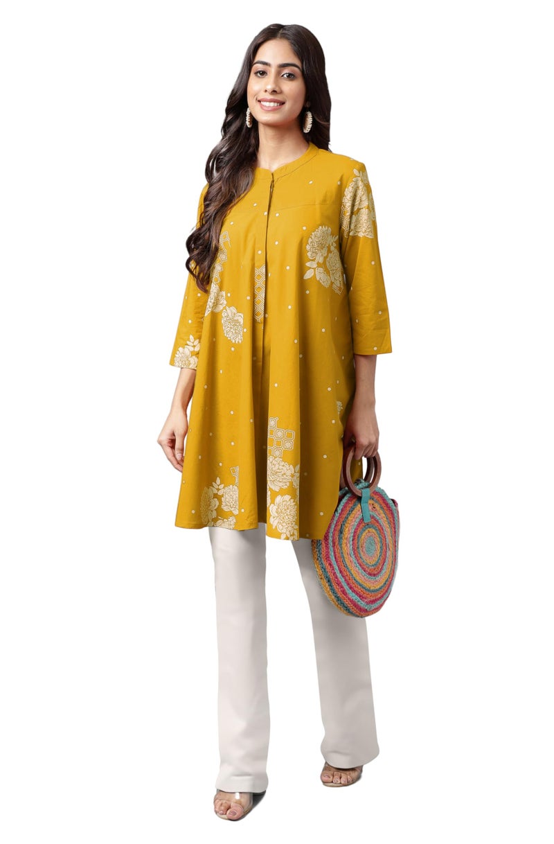 Janasya Women's Mustard Pure Cotton Floral Printed Flared Tunic (JAC24TU01654-2XL) - Image 1