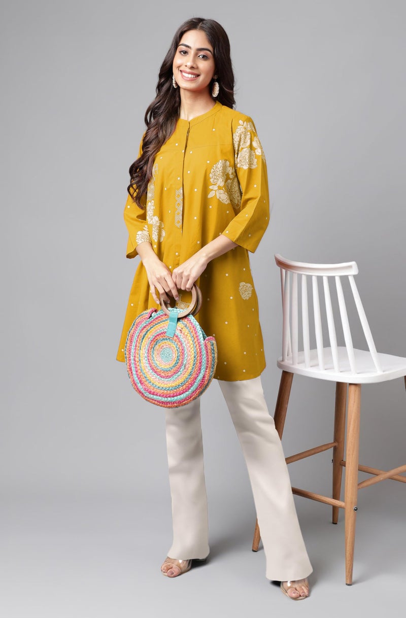 Janasya Women's Mustard Pure Cotton Floral Printed Flared Tunic (JAC24TU01654-2XL) - Image 3