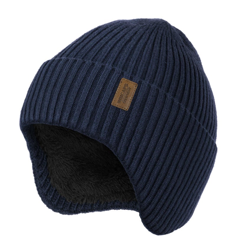 Wmcaps Fleece Lined Winter Beanie with Earflap for Men Women - Windproof Thermal Knit Hat for Cold Weather Navy Blue - Image 1