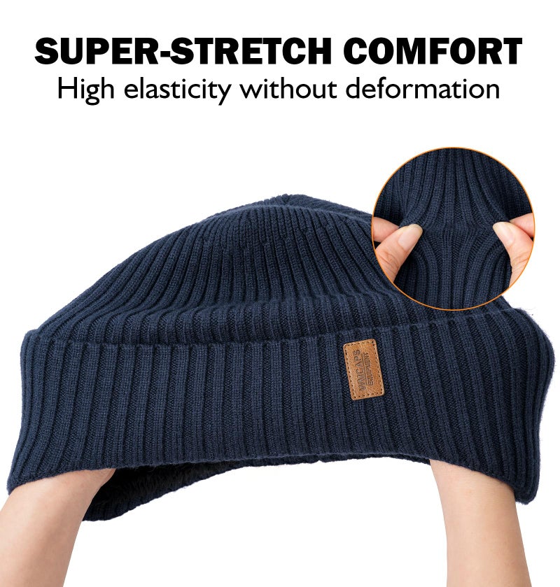 Wmcaps Fleece Lined Winter Beanie with Earflap for Men Women - Windproof Thermal Knit Hat for Cold Weather Navy Blue - Image 3