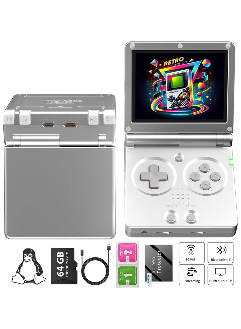 ANBERNIC  RG35XXSP Handheld Game Console RG35XX SP Clamshell Retro Game Console with 64G TF Card Preloaded Games 5532 Portable Gaming Console with 3.5 inch Screen 3300mAh Battery 5G WiFi Bluetooth HD Silver - Image 1