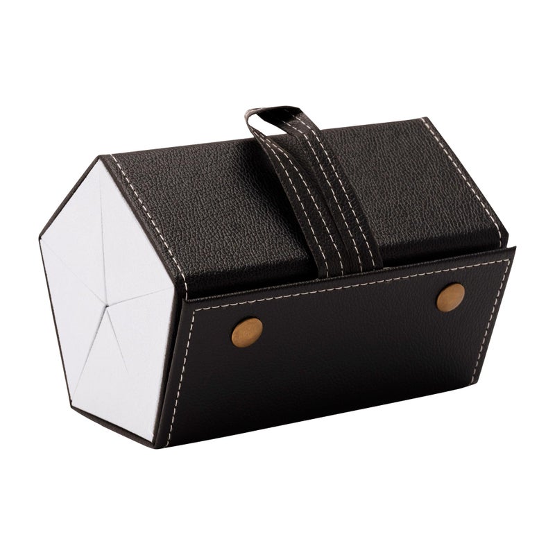 Premium 5 Slots Sunglasses Organizer - Heavy-Duty Hanging & Foldable Eyeglasses Case - Durable High-Density PU Leather Eyewear Display Container Box for Men & Women with Soft Protective Lining & Secure Snap Closures (Sleek Modern Black Pentagonal Space-Saving Profile) - Manual Accessory Storage Convenience & Closet Facility Asset Management Template