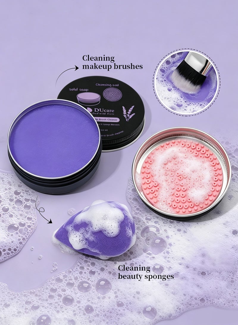 DUcare Lavender Solid Makeup Brush Cleaner with Built-in Cleansing Pad – Deep Cleansing Soap for Brushes, Sponges & Puffs – Travel-Friendly Tin Case - Image 3