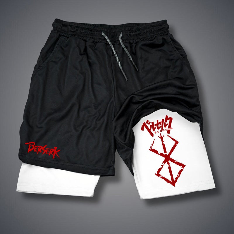 Berserk Anime Summer Shorts Double Layer Beach Pants Fitness Trousers Adult Polyester Fiber Sporty Straight Cut Elasticated 4 White 