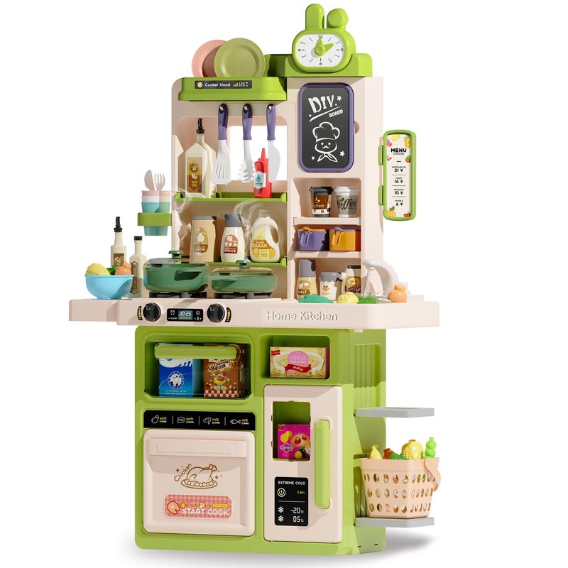 Hitish Kids Kitchen Playset Set 63PCS Pretend Play Kitchen Toys for Toddlers Cooking Stove with Steam Sound Light Play Sink with Manual Faucet Play Food Accessories Gift for Boys 33H Green - Image 3