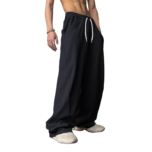 WZIKAI Men's Baggy Sweatpants Elastic Waist Drawstring Wide Leg Sweatpants Casual Loose Baggy Joggers with Pockets Black XL - Image 3