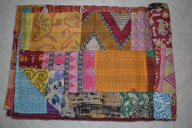 AADITYA EXPORTS Handicraft Cotton Handmade Floral Kantha Quilt Bedspread Bed Cover Queen Size Blanket Throw Multicolour