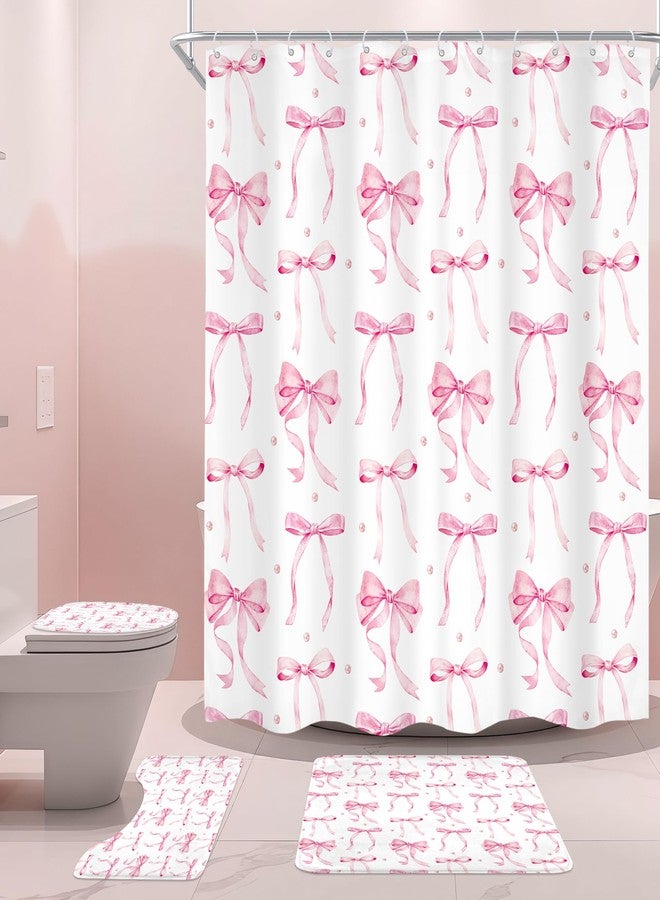Cinbloo 4Pcs Pink Bow Shower Curtain Set, Retro Coquette Vintage Girly Preppy Cute Fashion Pretty Sweet Bathroom Curtain with Rug, Toilet Lid Cover, Bath Mat, Aesthetic Shower Curtain with 12 Hooks - Image 1