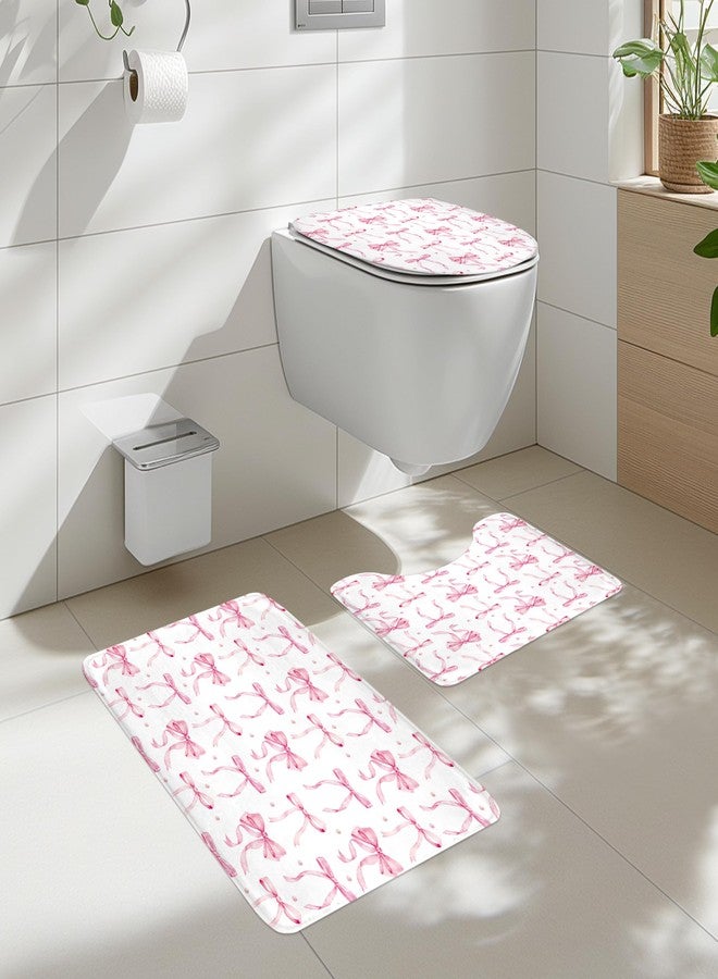 Cinbloo 4Pcs Pink Bow Shower Curtain Set, Retro Coquette Vintage Girly Preppy Cute Fashion Pretty Sweet Bathroom Curtain with Rug, Toilet Lid Cover, Bath Mat, Aesthetic Shower Curtain with 12 Hooks - Image 2