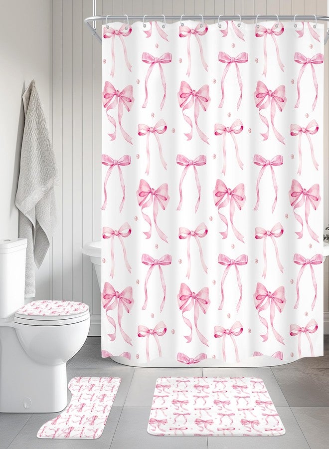 Cinbloo 4Pcs Pink Bow Shower Curtain Set, Retro Coquette Vintage Girly Preppy Cute Fashion Pretty Sweet Bathroom Curtain with Rug, Toilet Lid Cover, Bath Mat, Aesthetic Shower Curtain with 12 Hooks - Image 3