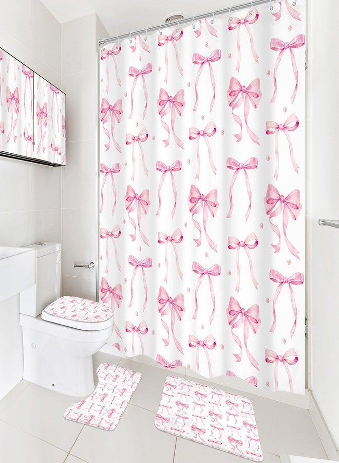 Cinbloo 4Pcs Pink Bow Shower Curtain Set, Retro Coquette Vintage Girly Preppy Cute Fashion Pretty Sweet Bathroom Curtain with Rug, Toilet Lid Cover, Bath Mat, Aesthetic Shower Curtain with 12 Hooks - Image 4