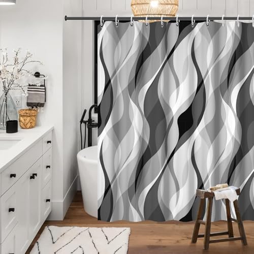 Ruelvth Grey Shower Curtain, Modern Abstract Black and Grey Striped Shower Curtain Set for Bathroom Waterproof White Gray Shower Curtain with Hooks, 72x72 Inch - Image 2