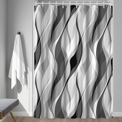 Ruelvth Grey Shower Curtain, Modern Abstract Black and Grey Striped Shower Curtain Set for Bathroom Waterproof White Gray Shower Curtain with Hooks, 72x72 Inch - Image 3