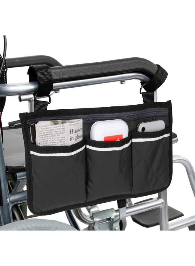 Chabeia Wheelchair Armrest Side Bag, Walker Organizer Bag with Reflective, Stripes Waterproof Storage Pouches for Any Wheelchair, Mobility Scooter, Walker, Rollator Carry Accessories, 2.6 x 7 inches (Black) - Image 1