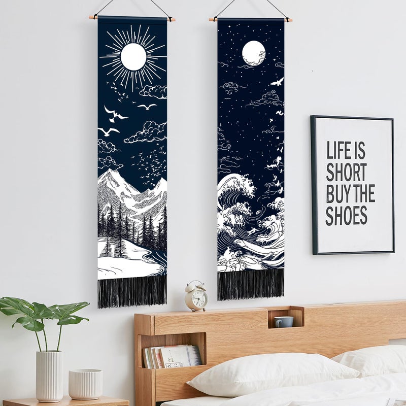 AOHMPT Pack of 2 Long Vertical Tapestry,Nature Landscape Tapestry with Serene Mountain River, Moon & Sun Motifs,Traditional Ink Painting Wall Art,Zen Aesthetic Wall Hanging for Living Room Bedroom Decor 13" W x 51" H" - Image 3