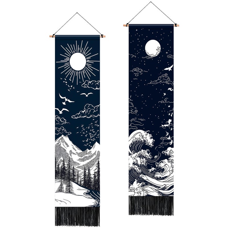 AOHMPT Pack of 2 Long Vertical Tapestry,Nature Landscape Tapestry with Serene Mountain River, Moon & Sun Motifs,Traditional Ink Painting Wall Art,Zen Aesthetic Wall Hanging for Living Room Bedroom Decor 13" W x 51" H" - Image 1