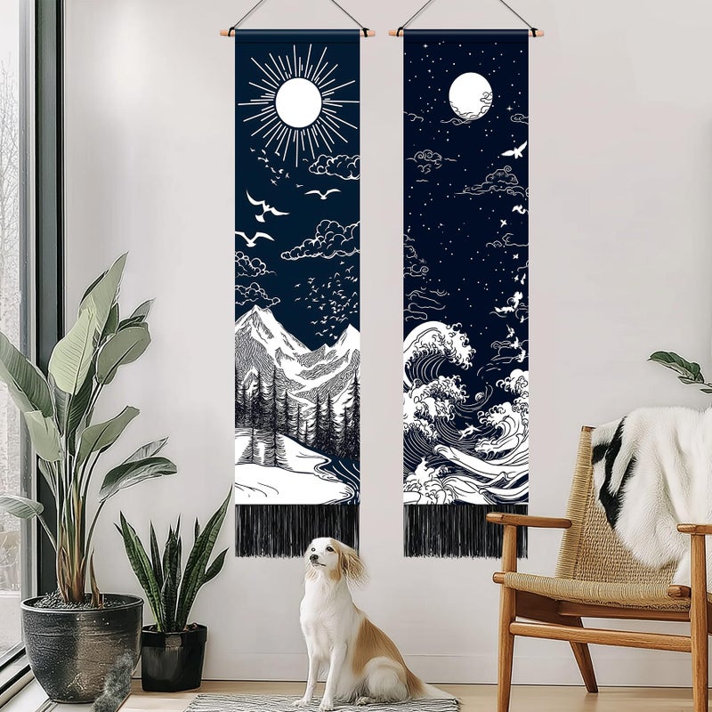 AOHMPT Pack of 2 Long Vertical Tapestry,Nature Landscape Tapestry with Serene Mountain River, Moon & Sun Motifs,Traditional Ink Painting Wall Art,Zen Aesthetic Wall Hanging for Living Room Bedroom Decor 13" W x 51" H" - Image 2