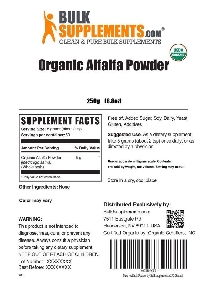 BulkSupplements .com Organic Alfalfa Grass Powder - Alfalfa Supplement, Green Superfood Powder, Alfalfa Powder Organic - Vegan & Gluten Free, 5g per Serving, 250g (8.8 oz) (Pack of 1) - Image 2
