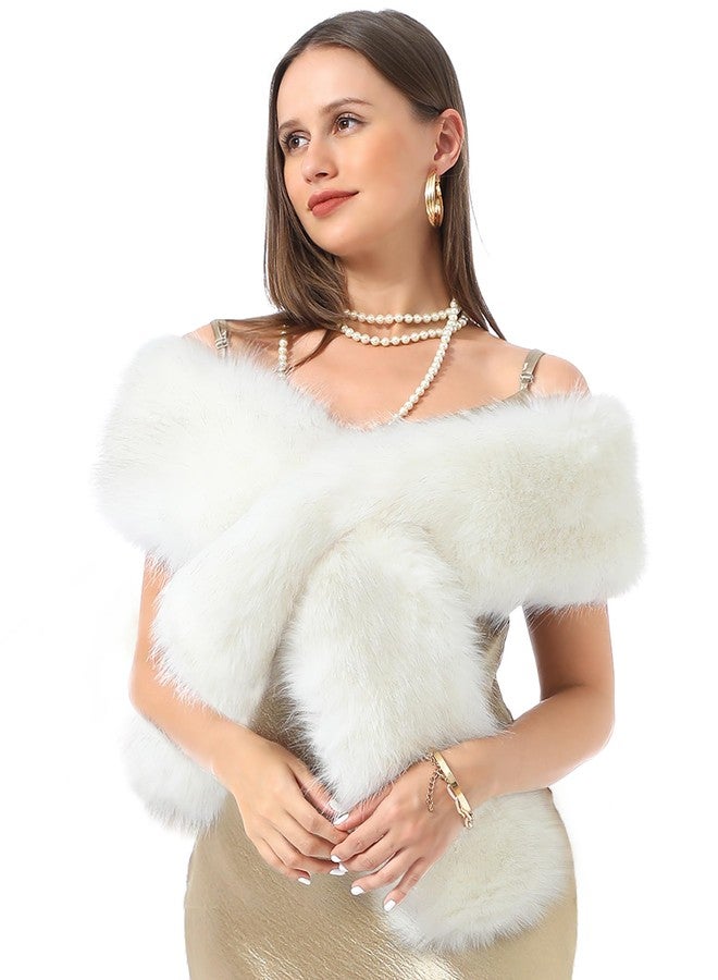 LA CARRIE Women's Faux Fur Collar Scarf Wrap Winter Neck Warmer Collar Ladies White Scarf, White Extra Extra Long, One size - Image 2