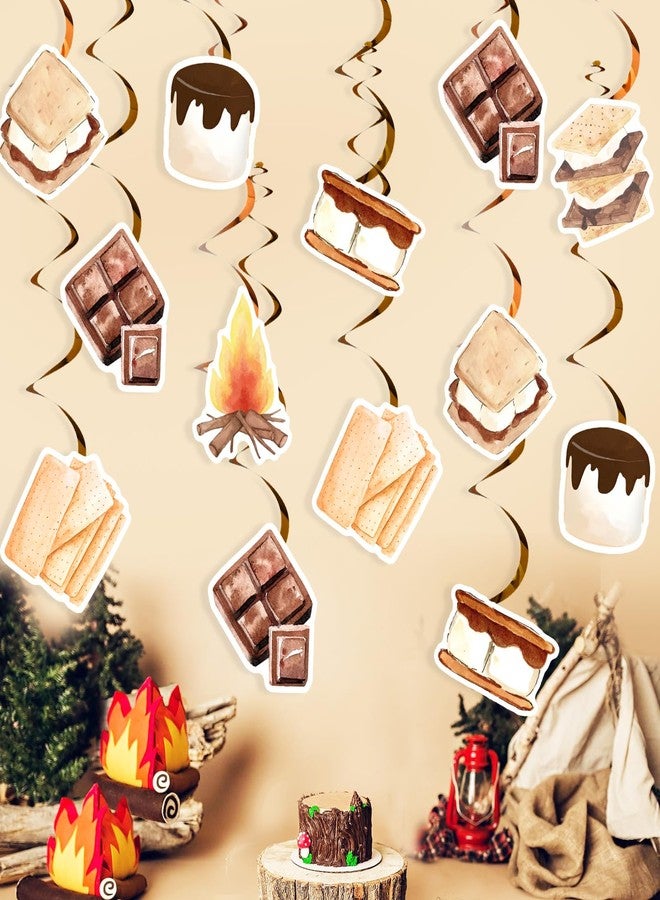 Fangleland 24Pcs S’more Theme Hanging Swirls Marshmallows Decor, S’mores Foil Swirls Ceiling Spiral Decorations for Camping Birthday Baby Shower Favors, Campfire Camper Party Streamers Supplies - Image 1