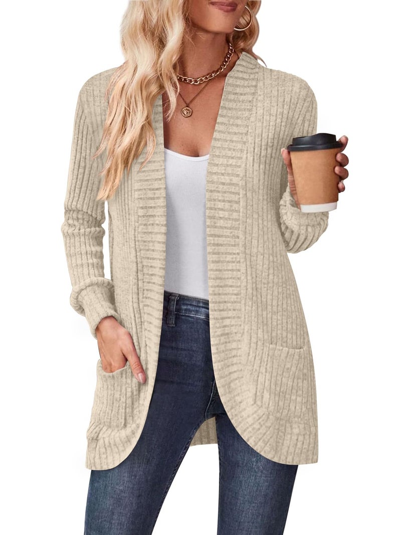 DB MOON Womens Long Cardigan Lightweight Sweater Open Front Long Sleeve Outfits with Pockets L, Beige - Image 2