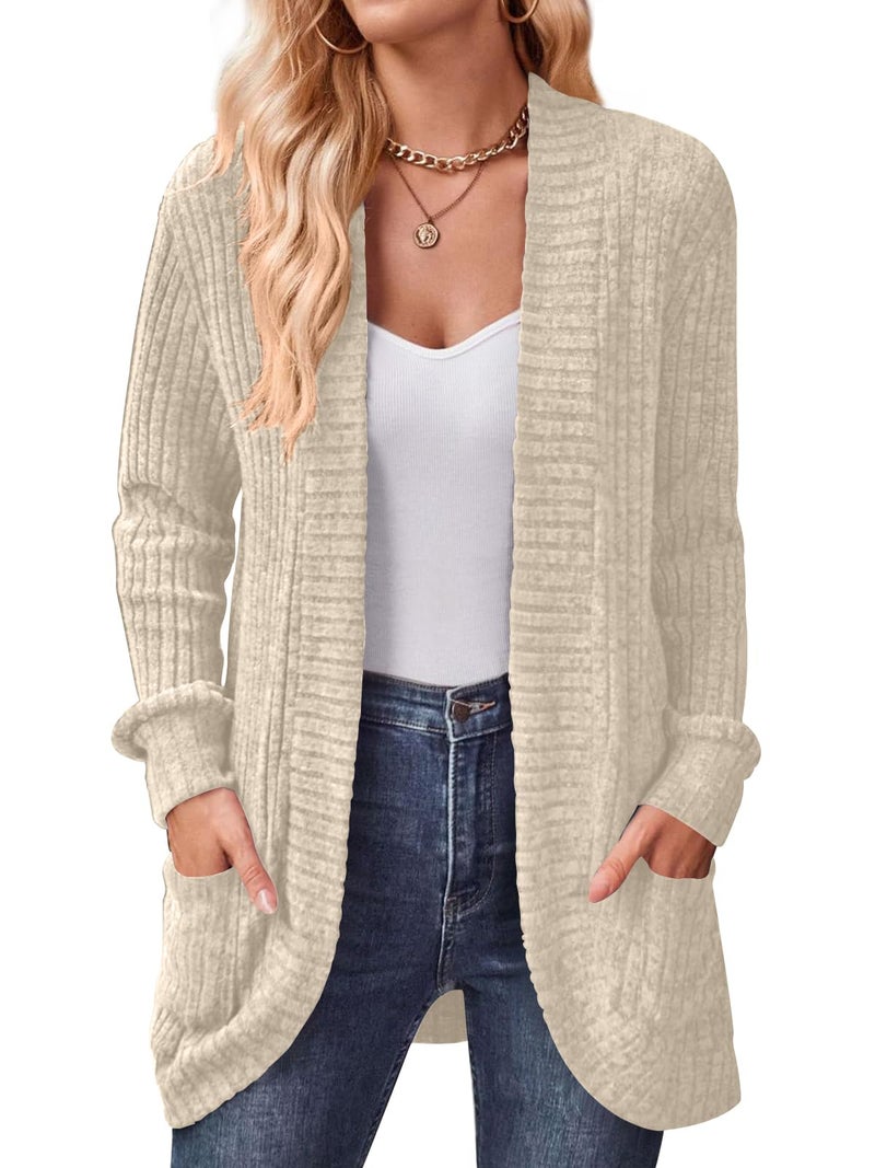 DB MOON Womens Long Cardigan Lightweight Sweater Open Front Long Sleeve Outfits with Pockets L, Beige - Image 1