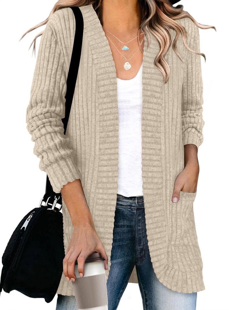 DB MOON Womens Long Cardigan Lightweight Sweater Open Front Long Sleeve Outfits with Pockets L, Beige - Image 3