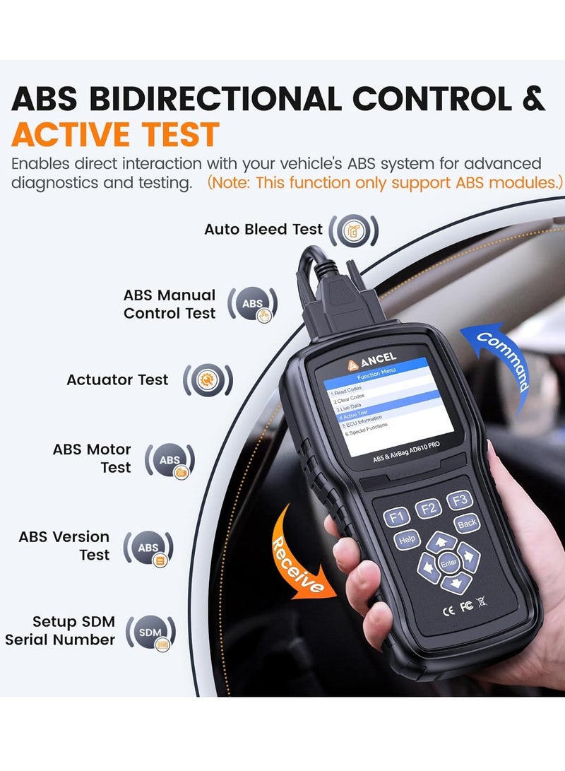 Ancel AD610 Pro OBD2 Scanner - ABS SRS Code Reader, Check Engine Light Diagnostic Tool with ABS Bleeding, AutoVIN, Real-Time Data, Full OBD2 Functions, SAS/Oil/EPB Reset - Image 3