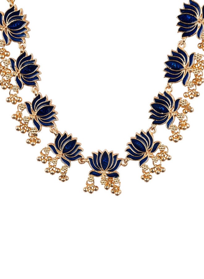 StileAdda Gold-Plated Blue Stone-Studded Necklace and Earrings Set - Image 4
