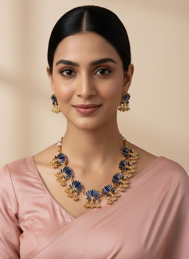 StileAdda Gold-Plated Blue Stone-Studded Necklace and Earrings Set - Image 1