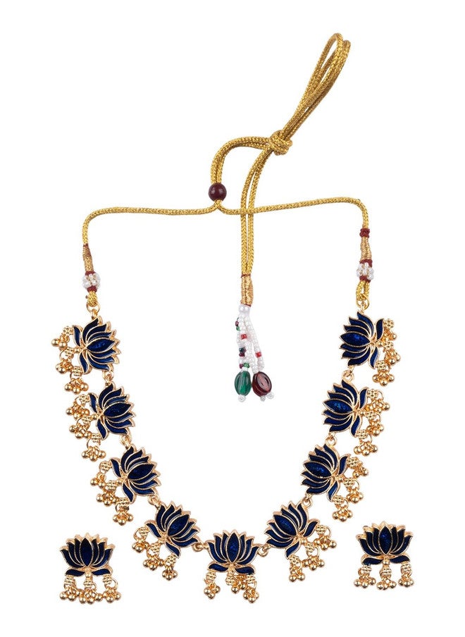 StileAdda Gold-Plated Blue Stone-Studded Necklace and Earrings Set - Image 3