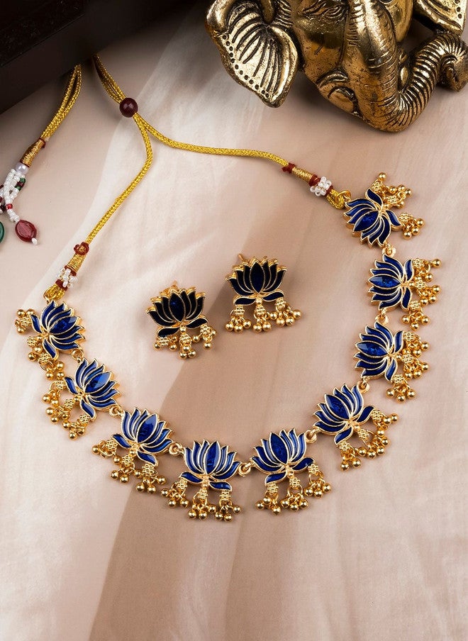 StileAdda Gold-Plated Blue Stone-Studded Necklace and Earrings Set - Image 2