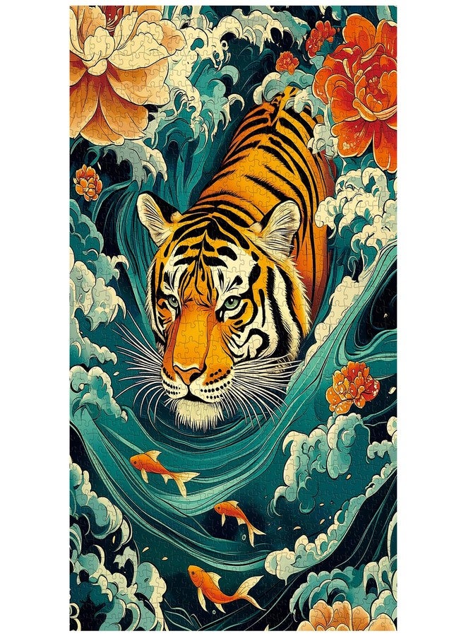 PPuzzling Mighty Tiger Puzzles for Adults 1000 Pieces, Nature Animal Art Puzzle Featuring Tiger in Waves, Koi Fish and Blooming Flowers, Wildlife Challenging Puzzles for Adults as Home Wall Decor - Image 1