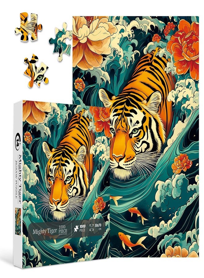PPuzzling Mighty Tiger Puzzles for Adults 1000 Pieces, Nature Animal Art Puzzle Featuring Tiger in Waves, Koi Fish and Blooming Flowers, Wildlife Challenging Puzzles for Adults as Home Wall Decor - Image 2