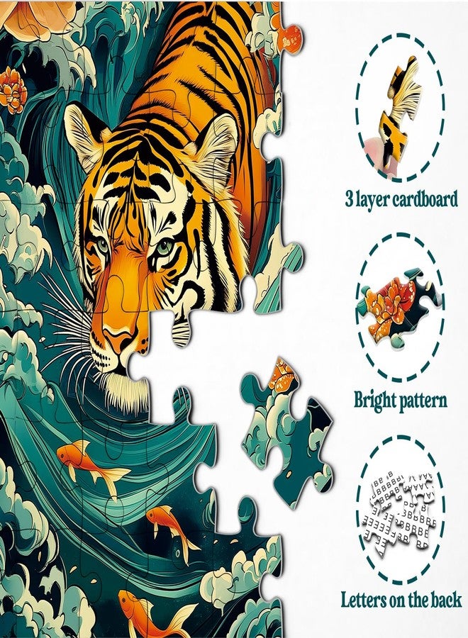 PPuzzling Mighty Tiger Puzzles for Adults 1000 Pieces, Nature Animal Art Puzzle Featuring Tiger in Waves, Koi Fish and Blooming Flowers, Wildlife Challenging Puzzles for Adults as Home Wall Decor - Image 4