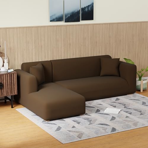 Lukzer L Shape Universal Sectional Anti-Slip Sofa Cover (Plain Brown/ 185cm-230cm) - Left Hand Side (LHS) Elastic Furniture Protector for Living Room - Image 1