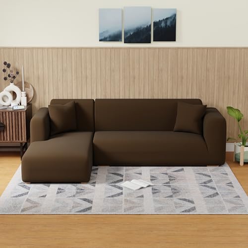 Lukzer L Shape Universal Sectional Anti-Slip Sofa Cover (Plain Brown/ 185cm-230cm) - Left Hand Side (LHS) Elastic Furniture Protector for Living Room - Image 2