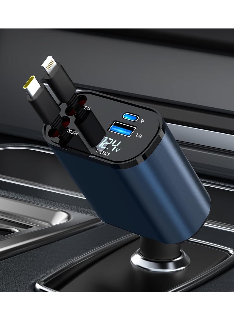 120W advance retractable Car charger For iPhone samsung laptop earbuds tablet dual cable and USB ports with voltage display overcurrent protection car fast charger - Image 1