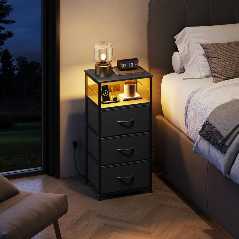 WLIVE Nightstand with Charging Station, 31.9" H Nightstand with 3 Fabric Drawers, LED Bedside Table with USB Ports and Outlets, End Table for Dorm, Bedroom, Entryway, Black - Image 3