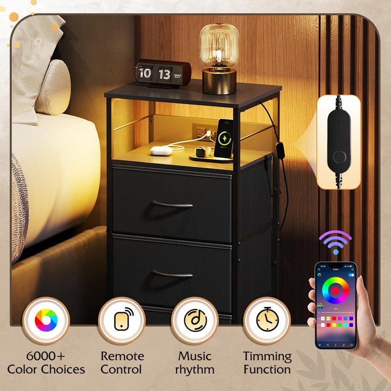 WLIVE Nightstand with Charging Station, 31.9" H Nightstand with 3 Fabric Drawers, LED Bedside Table with USB Ports and Outlets, End Table for Dorm, Bedroom, Entryway, Black - Image 4